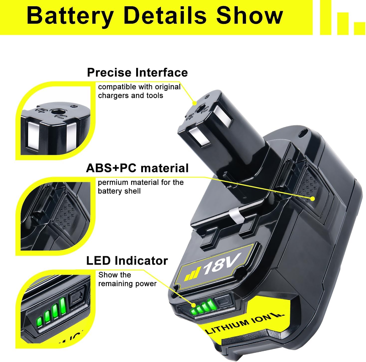 Black 18V 6.2Ah Battery Replacement for Ryobi 18V Battery, Replacement for Ryobi 18V ONE  Battery, Ryobi P108 P102 P103 P104 P105 P107 P109 P122 Cordless Tool Battery